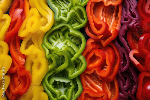 Mixed sliced multi colored sweet bell pepper background