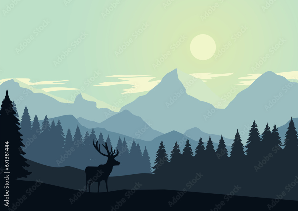 Mountains and pine forests with deer. Vector illustration in flat style. Mountains and pine forests with deer. Vector illustration in flat style.