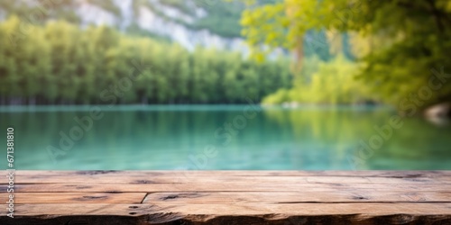 The empty wooden table top with blur background of Plitvice lakes. Exuberant image. generative ai