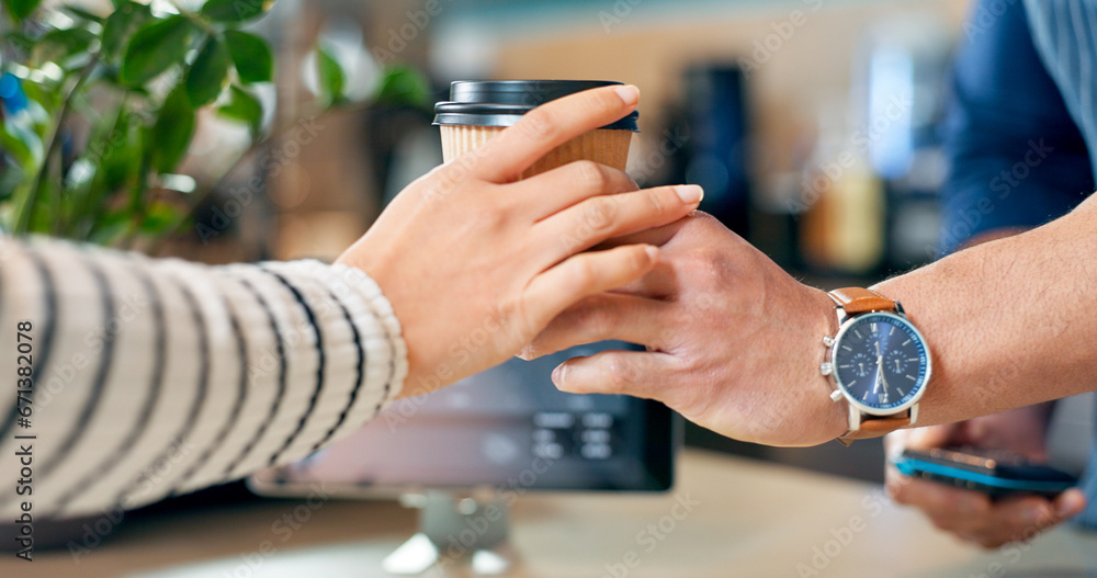 Obraz premium Hands, barista or customer order at coffee shop for service, drink or help in counter payment in cafe. Serving, closeup or person in small business restaurant giving a tea cup to client at checkout