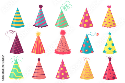 Party hat set. Cute birthday cone caps in bright colors with pompon above. Festive paper caps collection.
