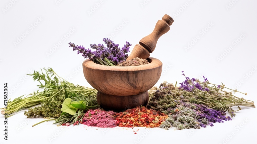 A rustic wooden mortar and pestle, with freshly ground herbs releasing vibrant colors and aroma, against a crisp white canvas.