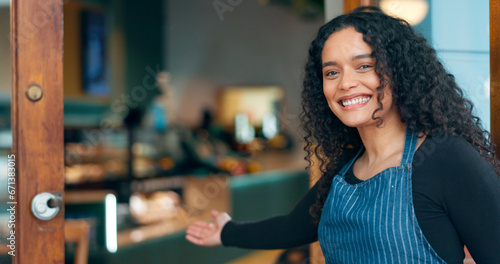 Businesswoman, store and welcome with smile, waitress and startup for cafe, coffee shop and restaurant. Portrait, entrepreneurship and entrance for retail, proud and confident at door, happy and open