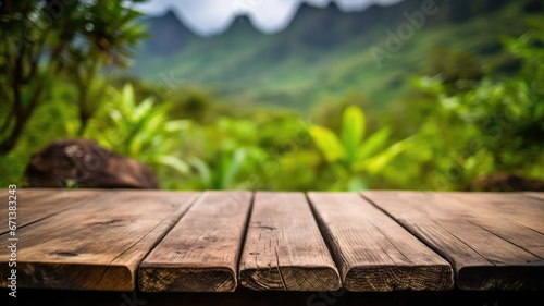 The empty wooden brown table top with blur background of trekking path. Exuberant image. generative AI © Summit Art Creations
