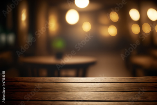 Wooden table blurred background of restaurant of cafe with bokeh. Flawless generative ai © Summit Art Creations