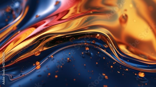 The close up of a glossy liquid surface abstract in navy blue, golden yellow, and deep red colors with a soft focus. 3D illustration of exuberant. generative AI photo