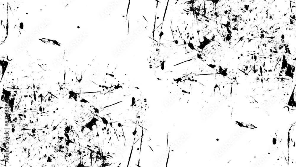 Black blobs isolated on white. Ink splash. Brushes droplets. Grainy texture background. Abstract surface dust and rough dirty wall background concept.	
