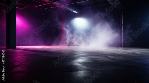 Empty underground parking lot with lights and smoke