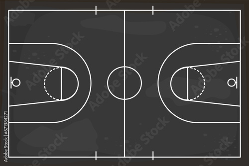 Basketball blackboard with chalk game strategy, coach plan. White lines on board, training, education.