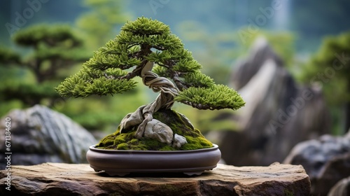 A serene bonsai plant, meticulously trimmed, set against the backdrop of a Zen garden.