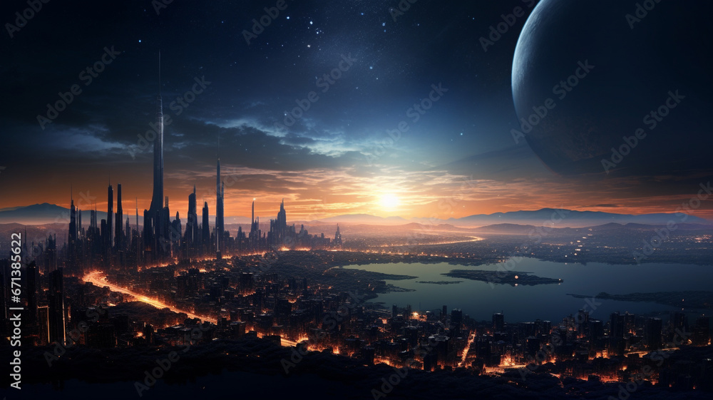 Naklejka premium A city of the future in a new world