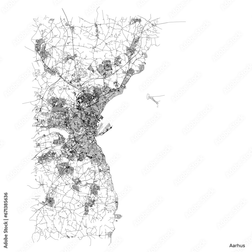 Fototapeta premium Aarhus city map with roads and streets, Denmark. Vector outline illustration.