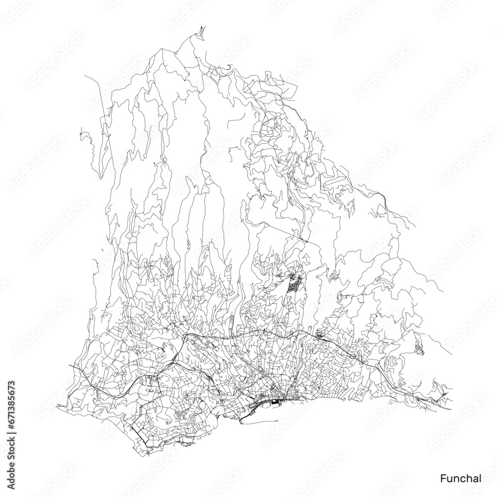 Vecteur Stock Funchal city map with roads and streets, Portugal. Vector ...