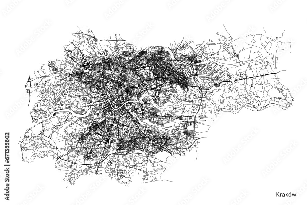 Cracow city map with roads and streets, Poland. Vector outline illustration. - obrazy, fototapety, plakaty 