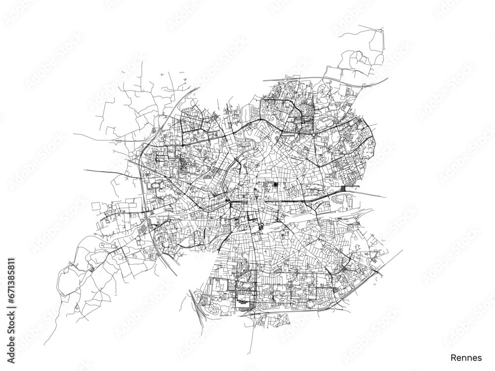 Rennes city map with roads and streets, France. Vector outline illustration.