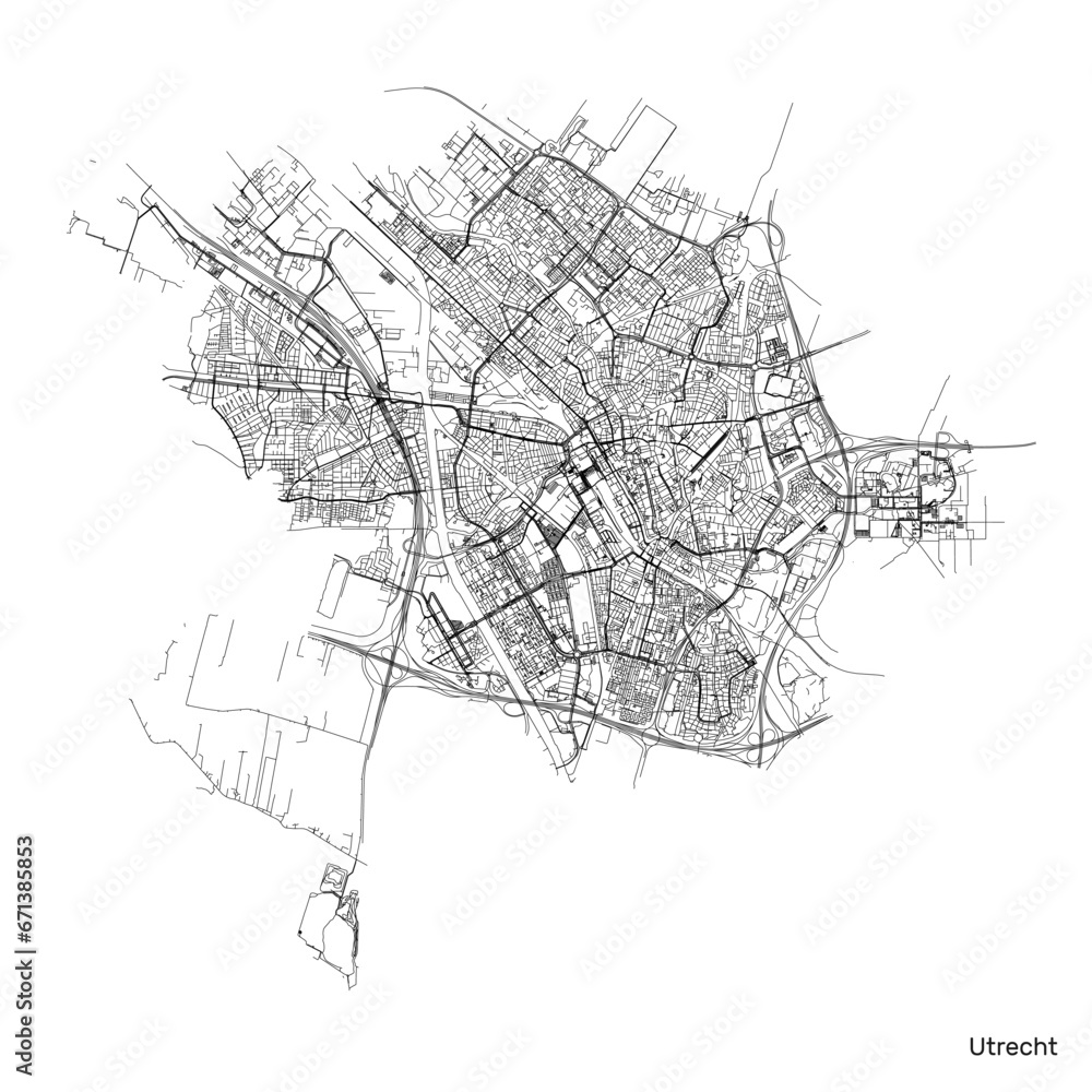 Utrecht city map with roads and streets, Netherlands. Vector outline illustration.