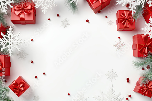 Christmas background with red gift boxes and snowflakes on a white background. 