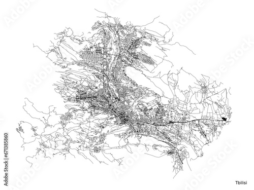 Tbilisi city map with roads and streets, Georgia. Vector outline illustration.