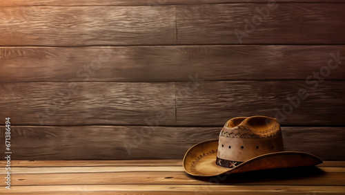 Cowboy hat, on old wooden background.