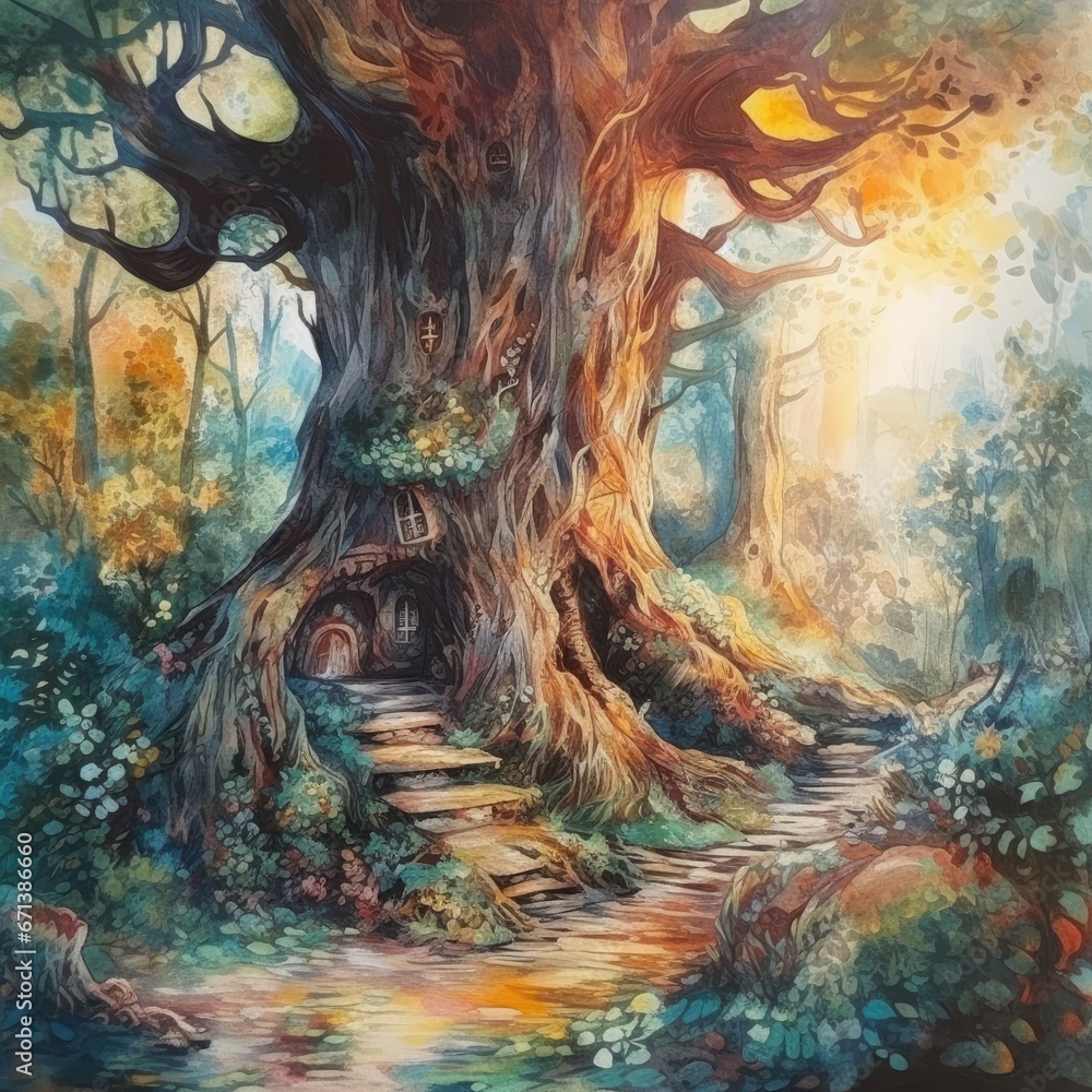 Naklejka premium Fantasy illustration of a house in the forest with an old tree