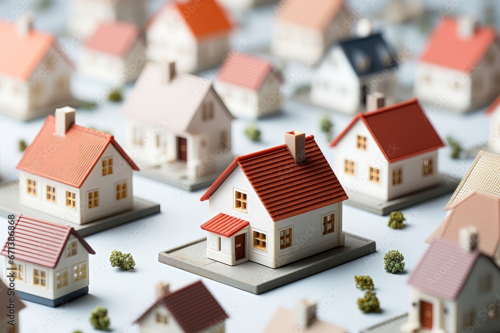 Aerial view of a collection of miniature houses with a blurred background, offering a unique perspective on a small-scale residential neighborhood or model. Photorealistic illustration Aerial view of a collection of miniature houses with a blurred background, offering a unique perspective on a small-scale residential neighborhood or model. Photorealistic illustration