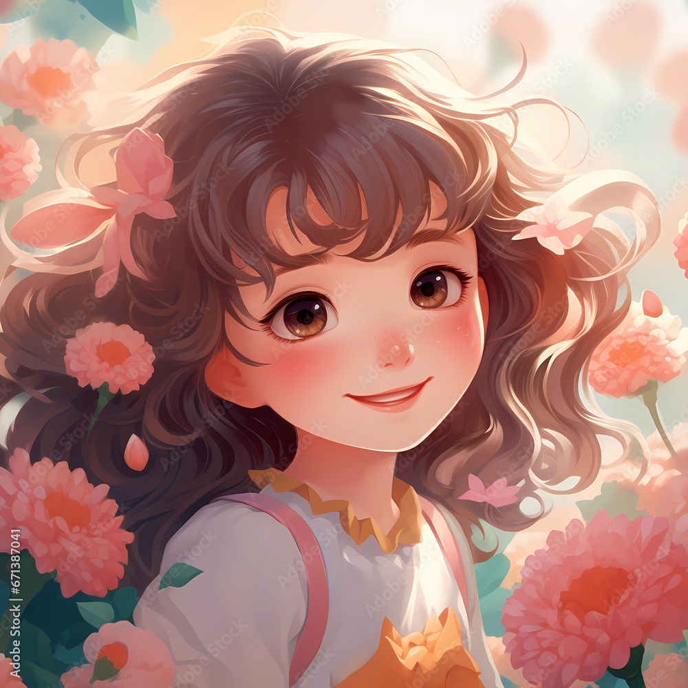 Illustration of cute girl among cartoon flowers
