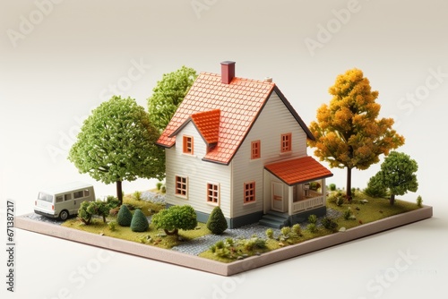A charming miniature house with a bright orange roof, surrounded by leafy trees and a car parked nearby, set against an off-white background. Photorealistic illustration © DIMENSIONS