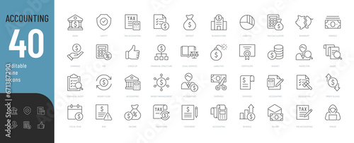 Accounting Line Editable Icons set. Vector illustration in thin line modern style of financial calculations related icons: taxes, budget, financial profit, audit, and more. Isolated on white.