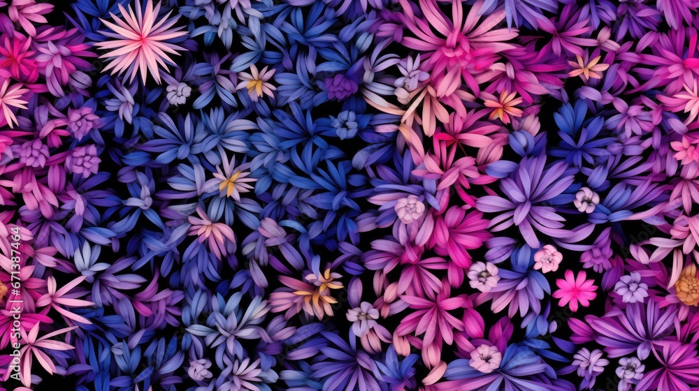  a close up of a bunch of flowers on a black background with a pink and blue flower in the center.  generative ai