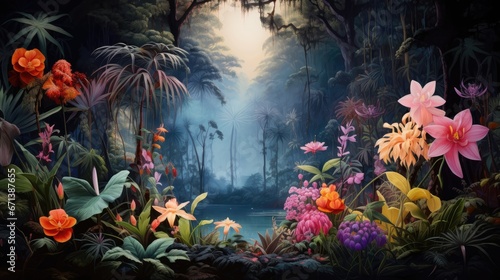  a painting of a tropical scene with flowers and trees in the foreground and a pond in the middle of the scene. generative ai