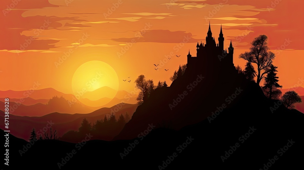 Fantasy landscape with castle on the hill at sunset