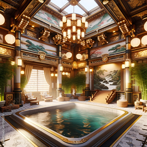 3D rendered cartoon illustrating a luxurious 17th century Japanese Onsen designed for Geishas. The interior is opulent, with gold accents photo