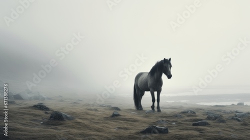  a horse standing in the middle of a foggy field with rocks and grass in the foreground and a body of water in the background.  generative ai © Olga