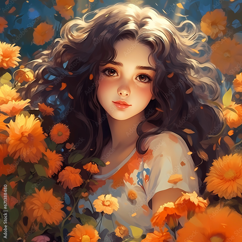 Illustration of cute girl among cartoon flowers
