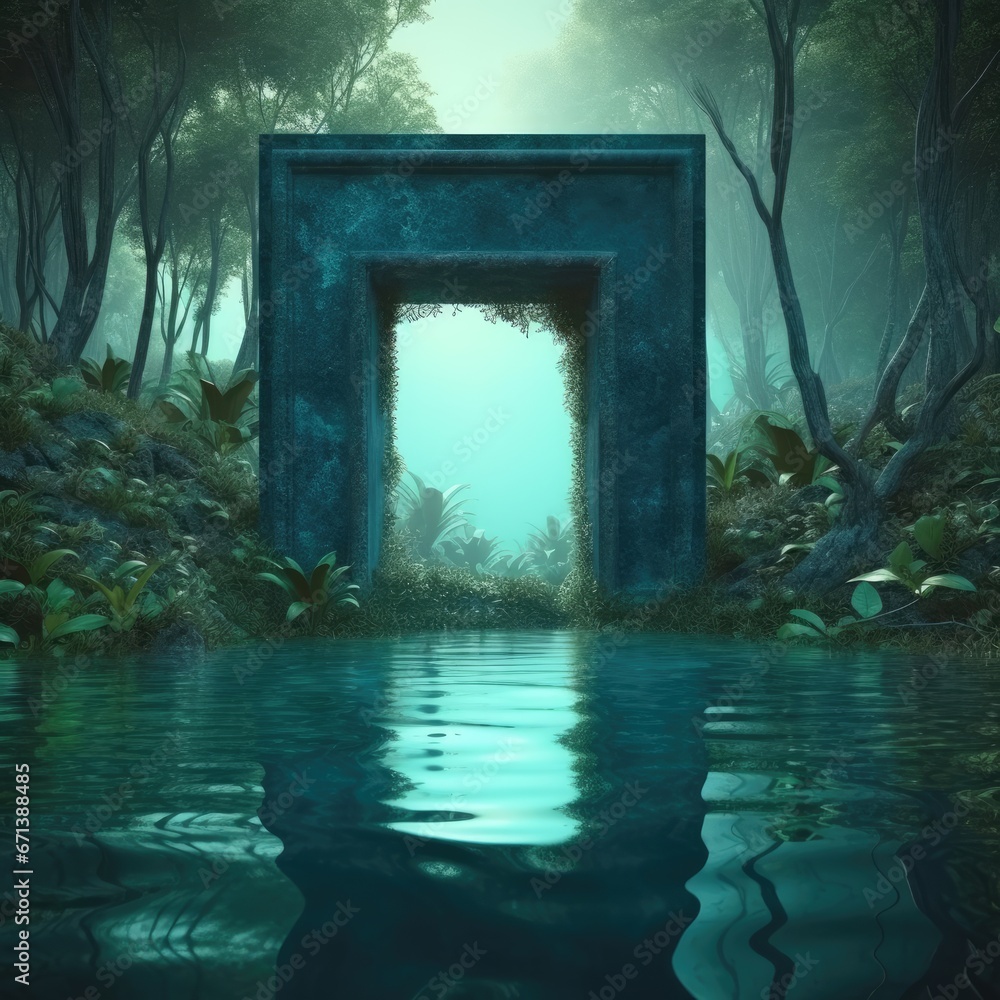 Fantasy landscape with an old door in the middle of the forest Fantasy landscape with an old door in the middle of the forest
