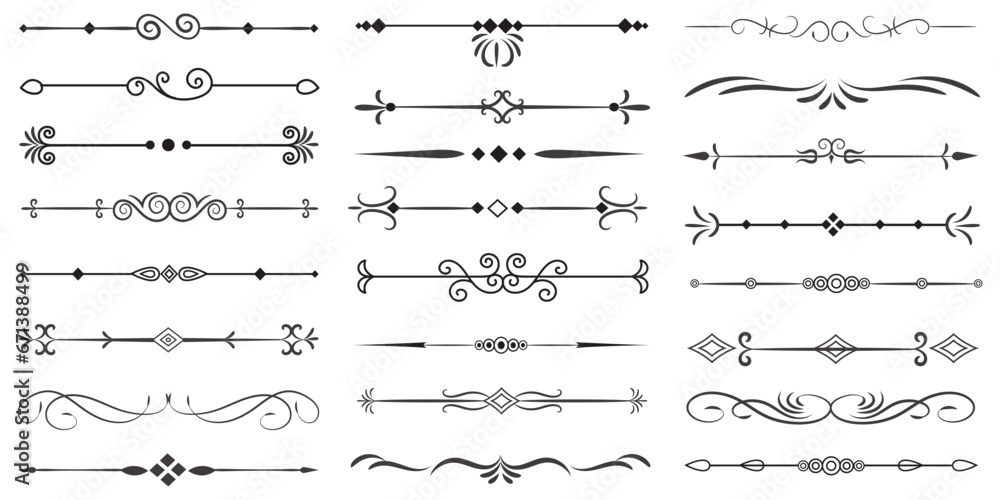 Page Divider And Design Elements. Set of Various Simple Black Divider Design, Assorted Divider Collection Template Vector. Collection of floral dividers elements mega decoration for Calligraphy.