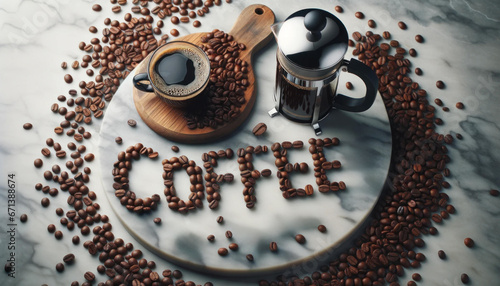 "COFFEE" Word Formed with Beans on Marble Countertop Beside Freshly Brewed French Press Coffee