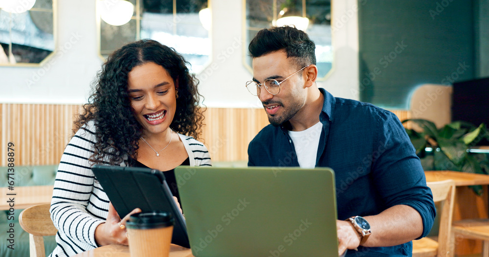 People, laptop and tablet at cafe for teamwork, planning and collaboration in remote work project or business startup. Happy woman, man or freelancer with client on digital technology at coffee shop People, laptop and tablet at cafe for teamwork, planning and collaboration in remote work project or business startup. Happy woman, man or freelancer with client on digital technology at coffee shop