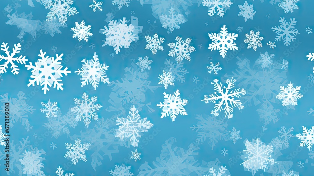  a lot of white snowflakes on a blue background that looks like they are falling off of the sky.  generative ai
