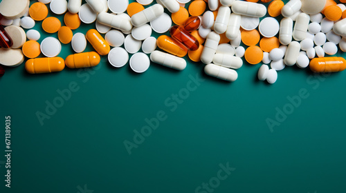 Assorted medicine tablets and pills capsules neatly arranged on a vibrant blue background, offering copy space for medical concepts and design.