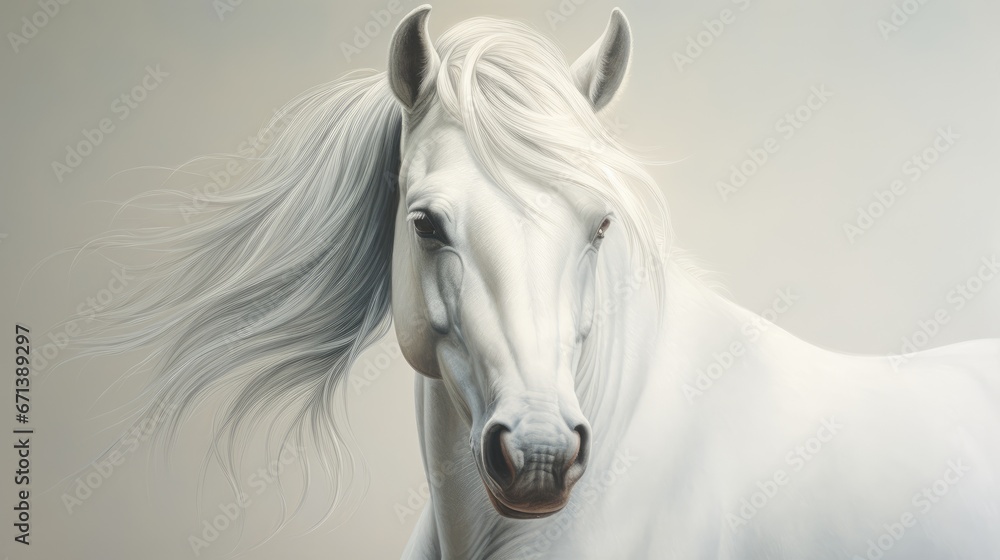  a painting of a white horse with long manes and a brown spot on the face of the horse's head.  generative ai - obrazy, fototapety, plakaty 