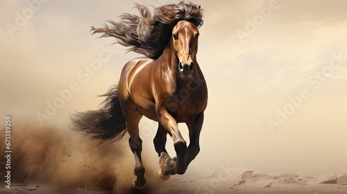 a brown horse running through a sandy area with a cloudy sky in the background and a few clouds in the sky.  generative ai © Olga