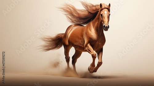  a brown horse is galloping through a dusty area with it s tail in the air and it s tail blowing in the wind.  generative ai