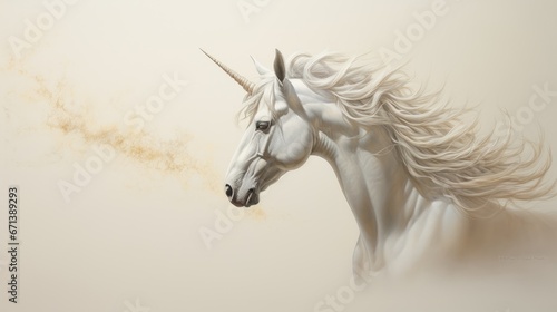  a painting of a white unicorn s head with long hair blowing in the wind in front of a white background.  generative ai