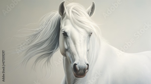  a painting of a white horse with long manes and a brown spot on the face of the horse's head.  generative ai photo