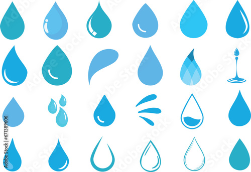 Blue Water drop, Droplets icons Vector Illustration, Various Shapes, Sizes, Perfect Backgrounds, Patterns, Designs.