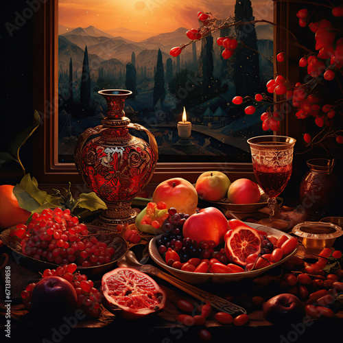 A beautiful oriental table with pomegranate and other fruits is a traditional Yalda night. Pomegranate, fabrics, candles, food