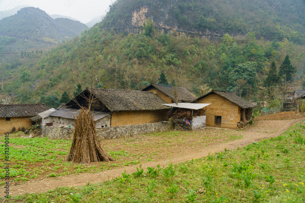 Mountain landscape at Ha Giang province with houses in village. Ha Giang is a northernmost province in Vietnam