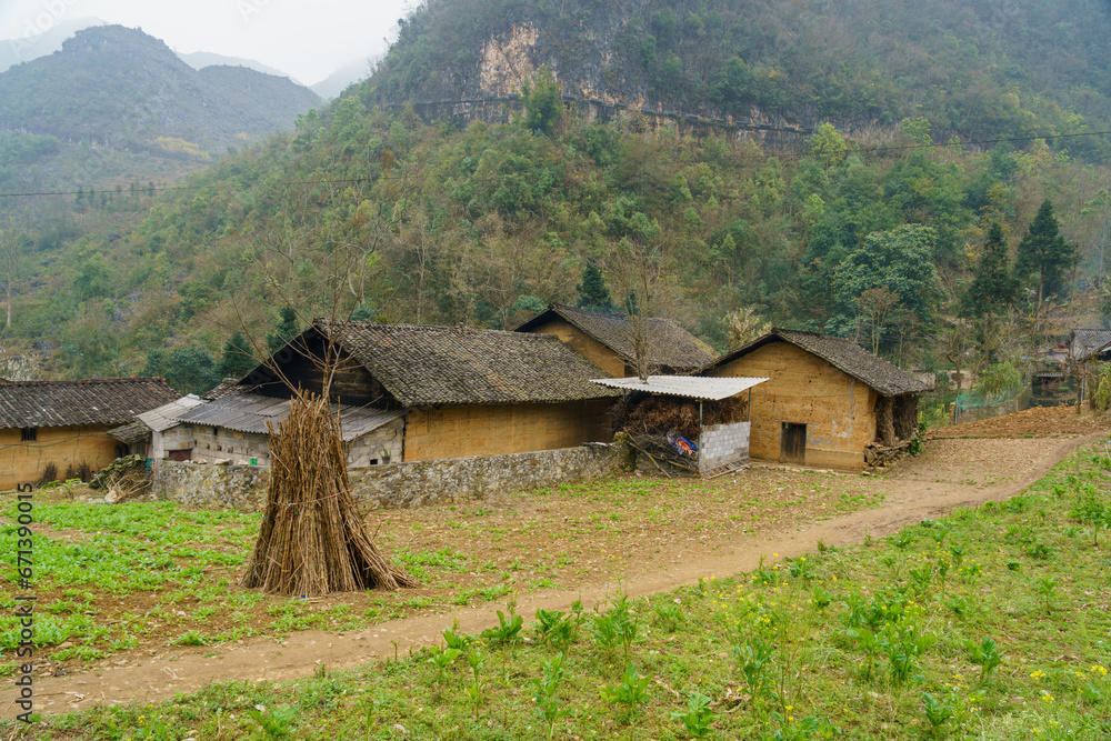 Mountain landscape at Ha Giang province with houses in village. Ha Giang is a northernmost province in Vietnam Mountain landscape at Ha Giang province with houses in village. Ha Giang is a northernmost province in Vietnam