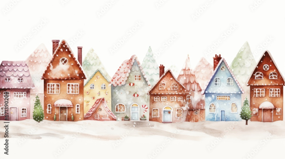  a watercolor painting of a row of houses with snow on the ground and trees on each side of the houses.  generative ai